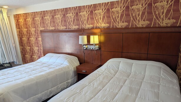 A hotel room with two beds, a wooden headboard, a nightstand with lamps, and a wall with a floral pattern. - Exceed Inn Indianapolis Airport South (Indianapolis)