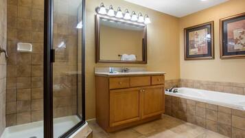 Jetted bath, hair dryer, towels, soap