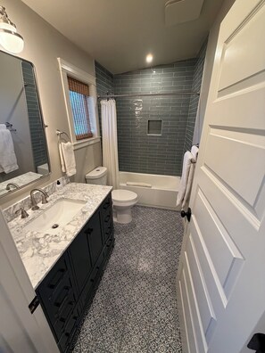 Hair dryer, towels, soap, toilet paper