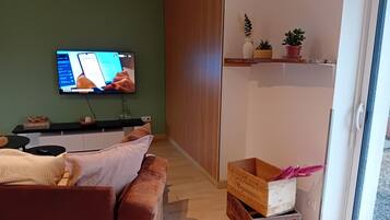 Una sala de estar con televisor, sofá, separador de madera y ventana.