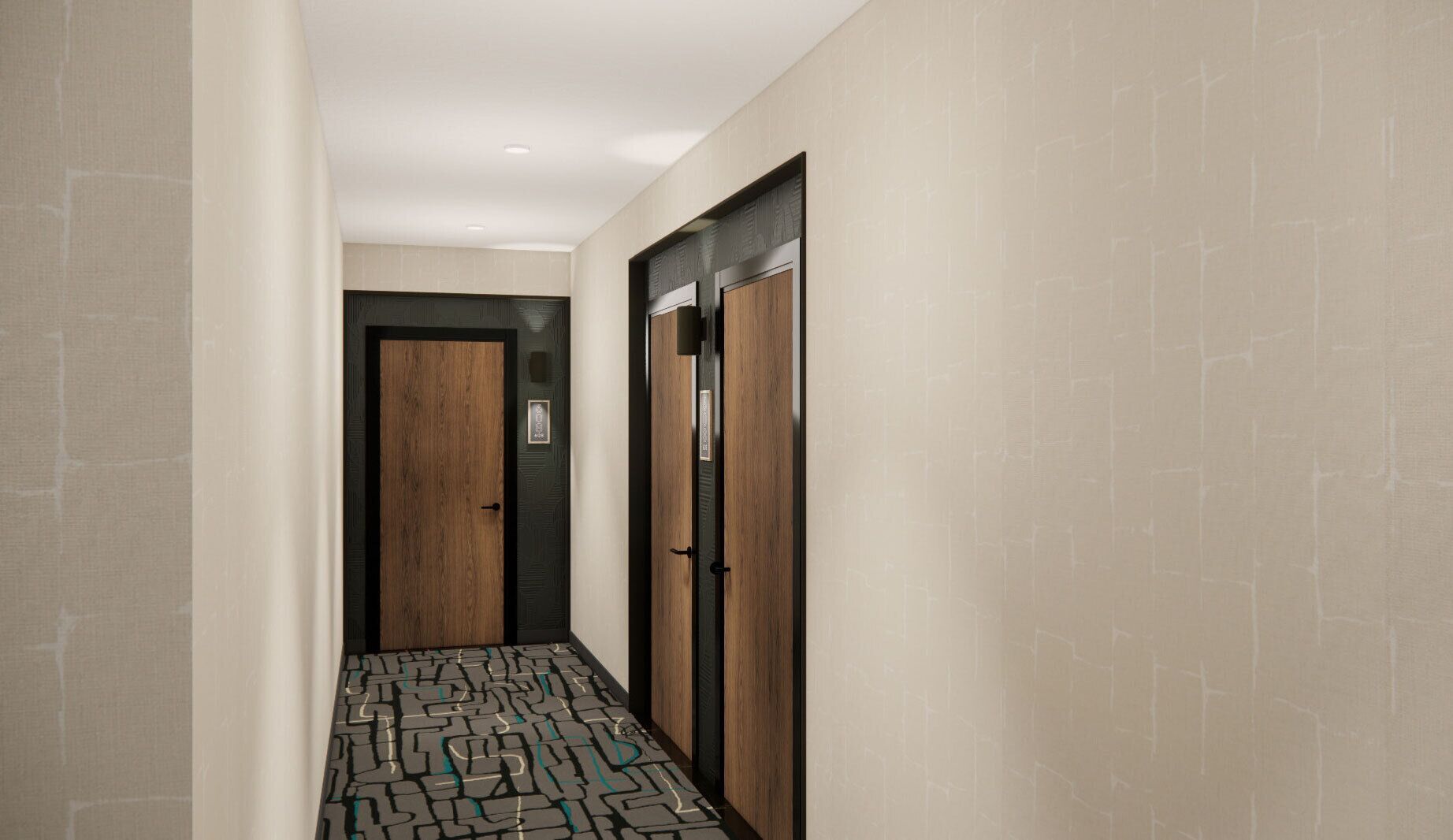 A hallway with patterned flooring, a wooden door, and a wall-mounted light fixture.