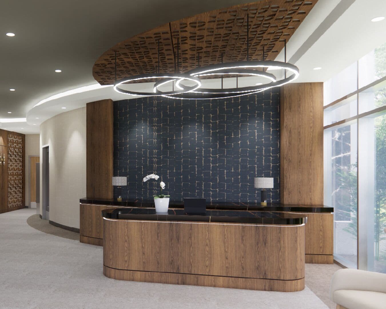 A reception area with a curved wooden reception desk, a dark patterned wall, and a modern light fixture.