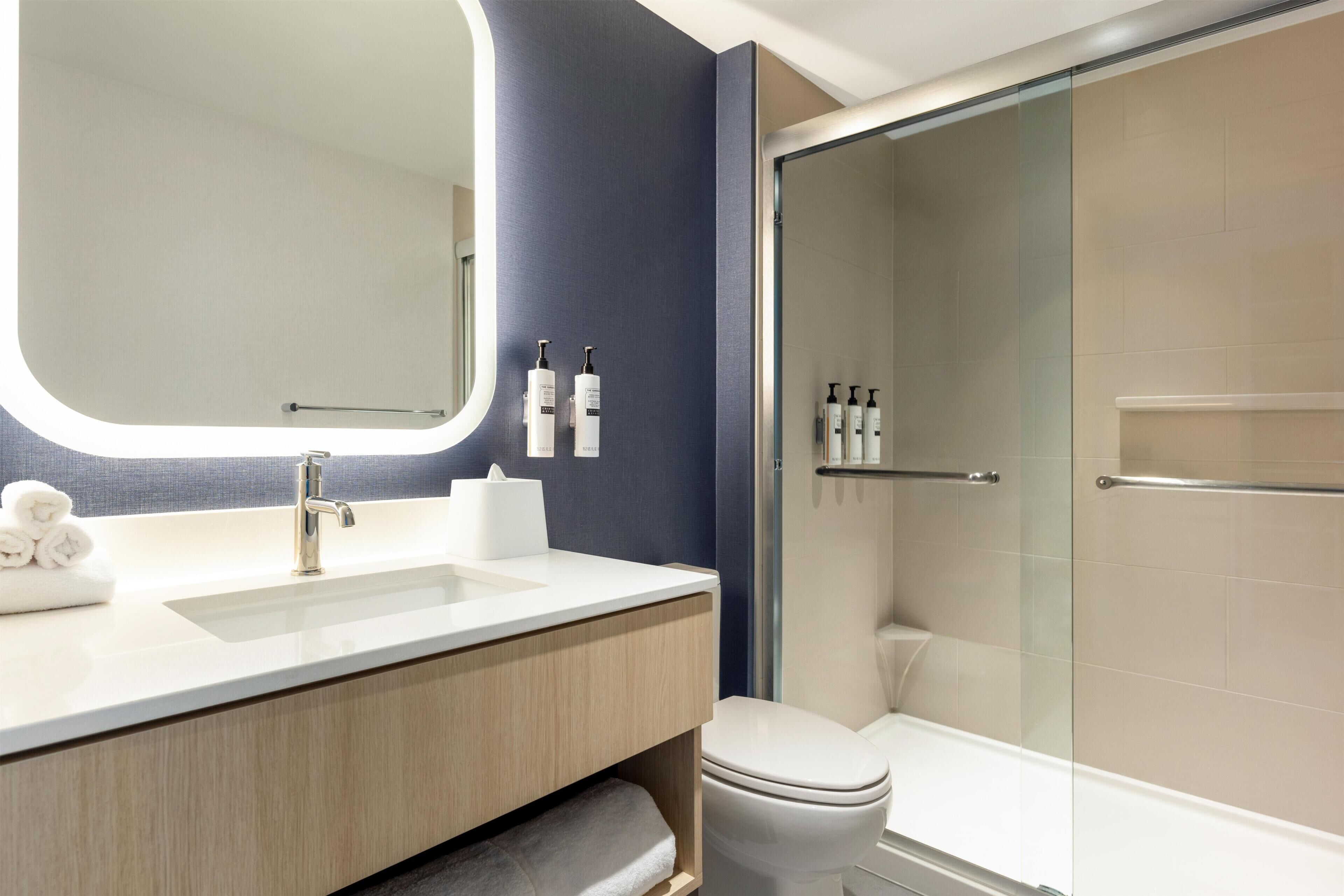 A modern bathroom with a sink, mirror, toilet, and glass shower enclosure.