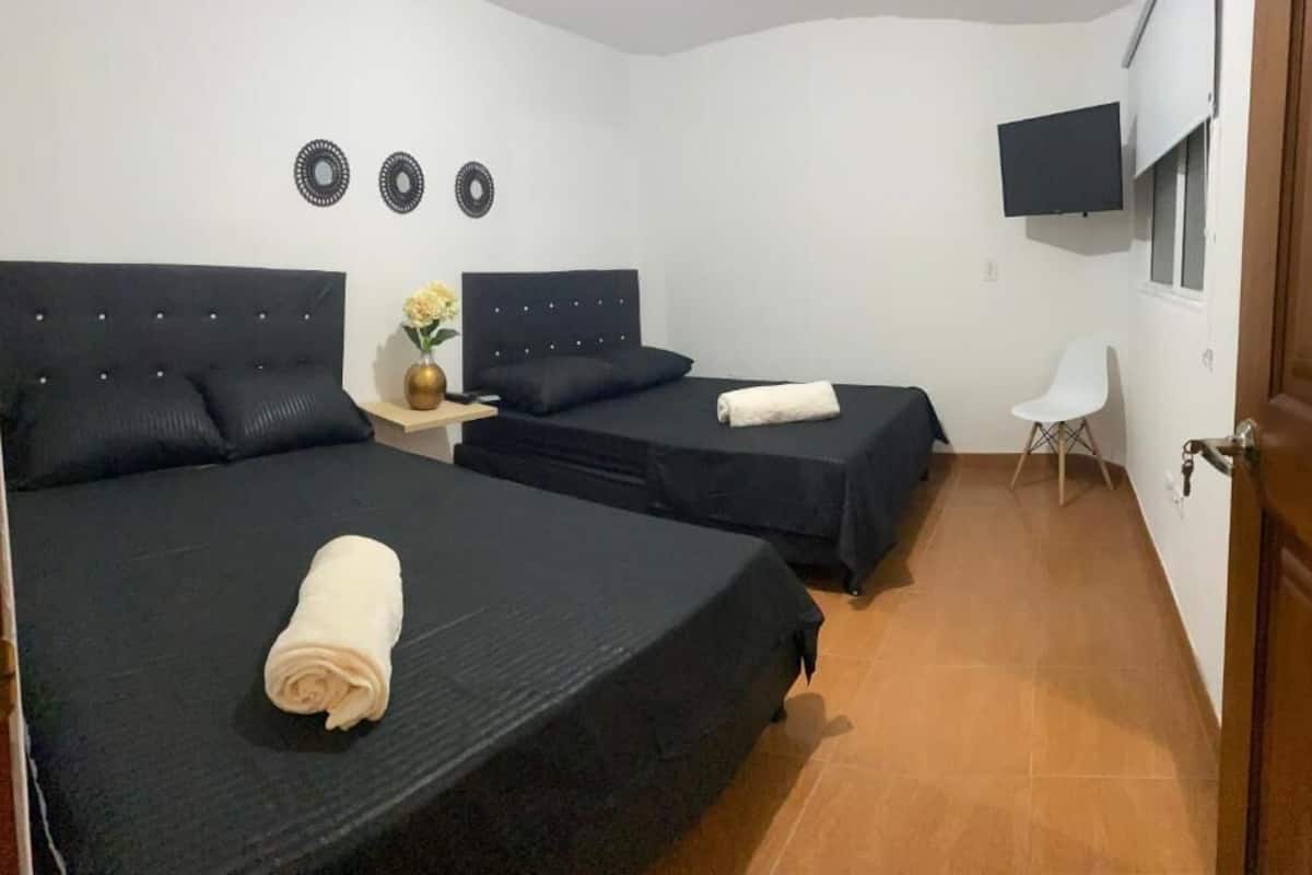 A hotel room with two beds, a TV, a small table with a vase, and a chair.