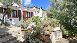 A white building with brown shutters, a stone staircase, and a variety of potted plants in the courtyard. - Casa Alma | Welcomely (Sas Murtas)