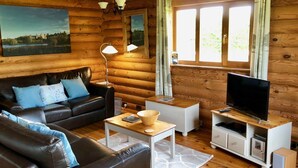 Et interiør af en træhytte med en lædersofa, et fjernsyn på et træstel, en lampe og et billede på væggen.