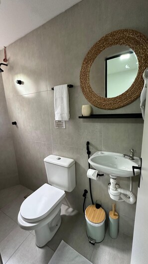 Secador de pelo, toallas y papel higiénico