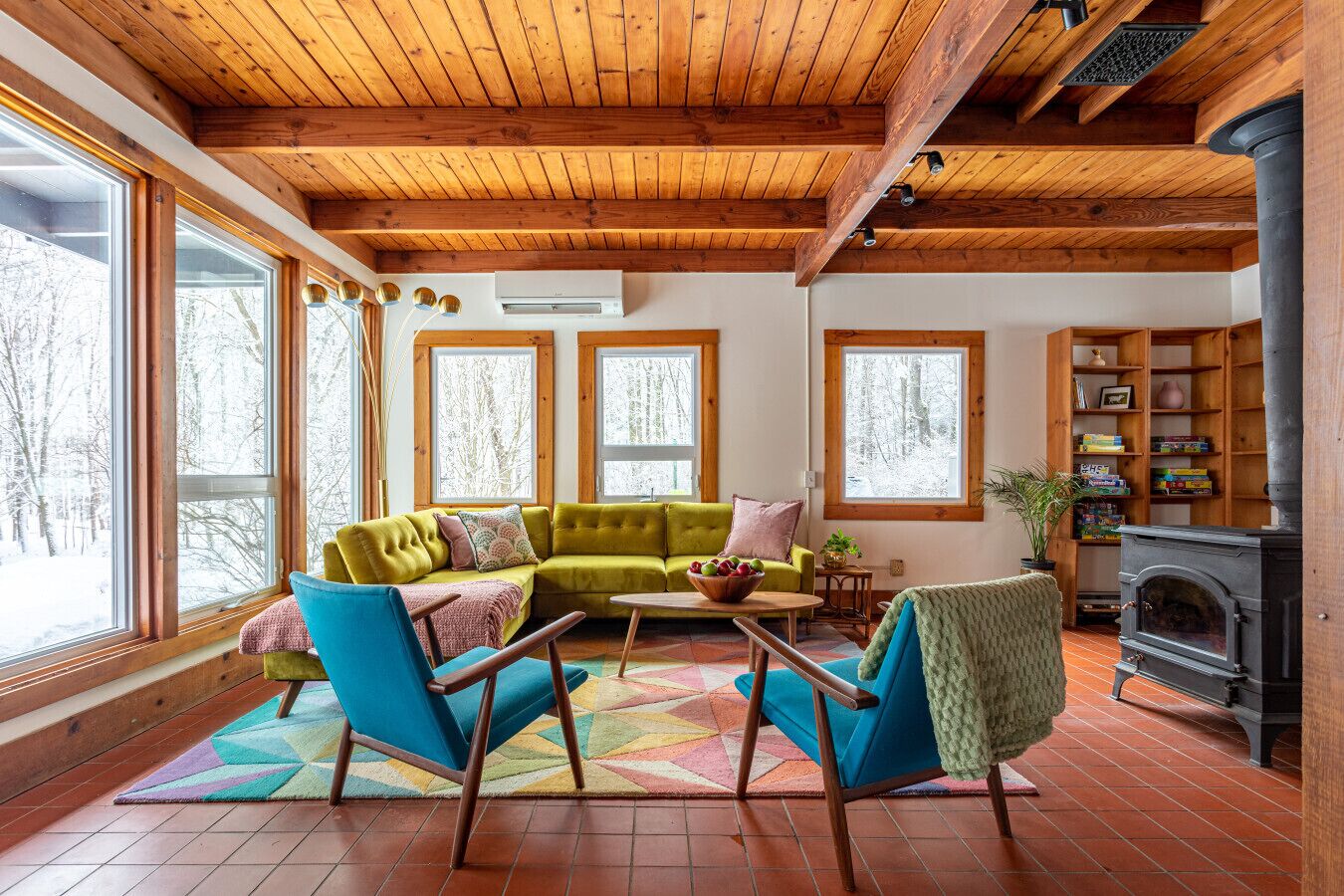 Smart TV, fireplace, books