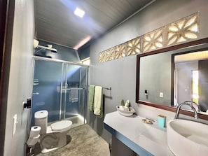 Buồng tắm vòi sen, khăn tắm, xà phòng, dầu gội
