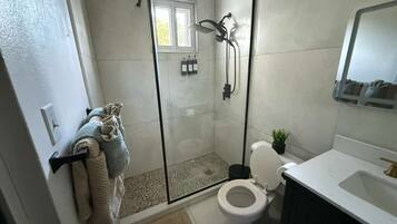 Douche, sèche-cheveux, serviettes fournies, savon