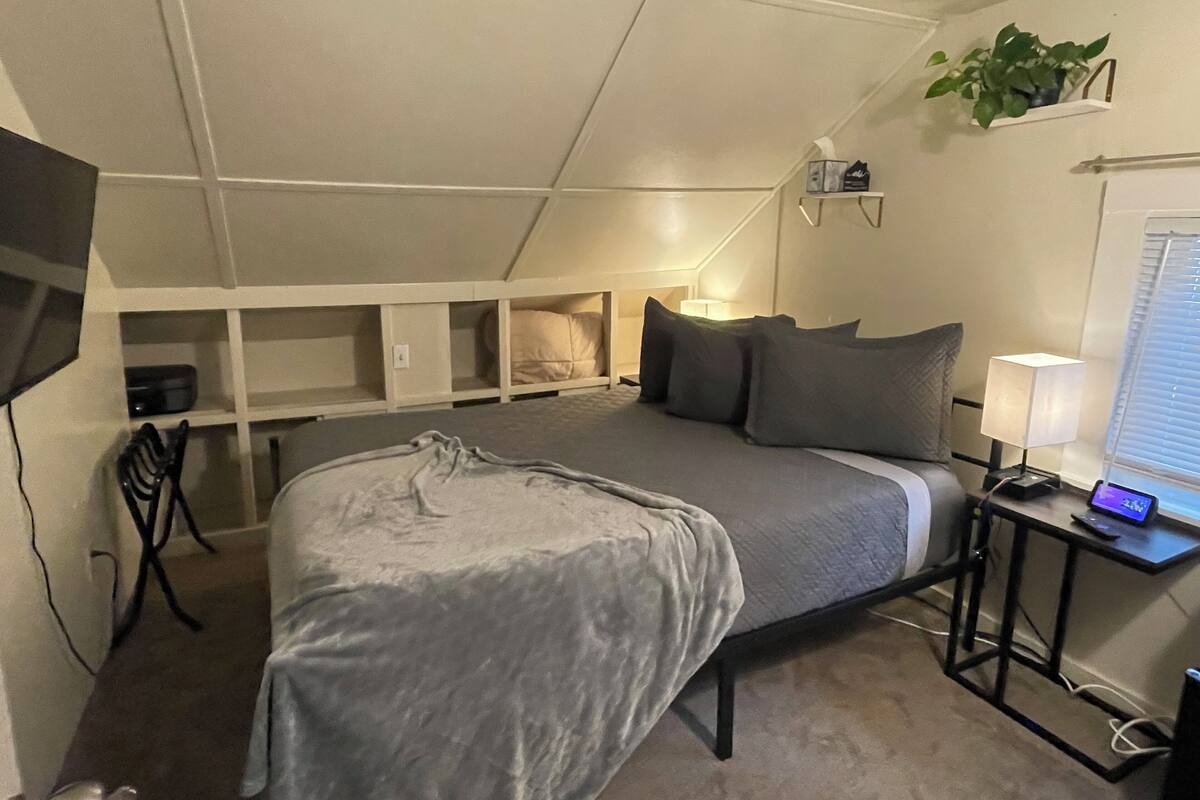 A bedroom with a bed, a desk, a chair, a TV, and a plant.