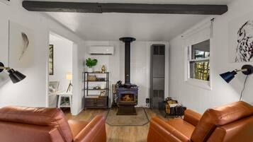 TV connectée, cheminée, livres