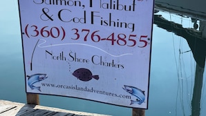 Segnale pubblicitario di pesca del salmone, halibut e merluzzo, con informazioni di contatto e un sito web.