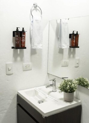 A bathroom with a white sink, a mirror, and two towel racks with bottles on them. - Hotel Quinta Del Café (Fredonia)