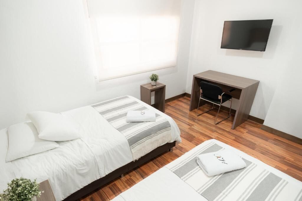 Un dormitorio moderno con cama, mesita de noche, televisor, escritorio y una planta pequeña.