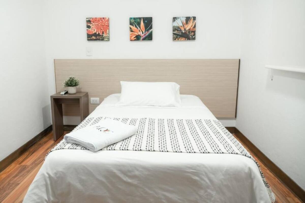A neatly made bed with a white comforter and a patterned blanket, a small bedside table with a plant, and three framed botanical prints on the wall.