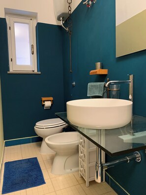 Secador de cabelo, toalhas de banho, sabonete, shampoo