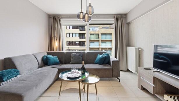 A modern living room with a grey sofa, a glass coffee table, a flat-screen TV, and a city view through large windows. - Walter Vilain 0301 + G* (Sint Idesbald)