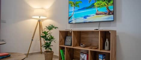 A living room with a flat-screen TV mounted on the wall, a wooden bookshelf, a floor lamp, and a potted plant.