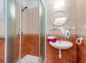 Une salle de bain avec une douche, un lavabo et un miroir.