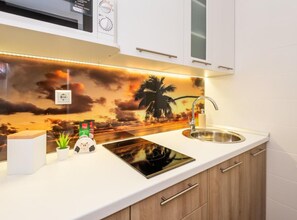 Kühlschrank, Mikrowelle, Herdplatte, Kochgeschirr/Geschirr/Besteck
