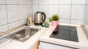 Moderni keittiö, jossa on ruostumattomasta teräksestä valmistettu pesuallas, vedenkeitin, pieni ruukkukasvi ja musta induktioliesi.