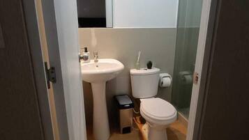 Regadera, secadora de cabello, toallas, jabón