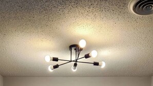 A dining area with a black table and benches, a potted plant, and a ceiling light fixture. - 2BR Near Sherman College, Wi-Fi + Washer/Dryer (Boiling Springs)