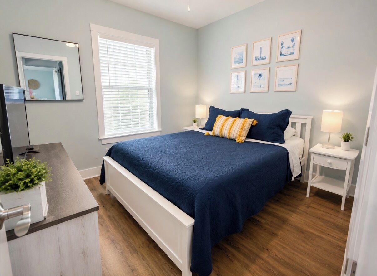A bedroom with a bed, bedside tables, a mirror, and wall art.