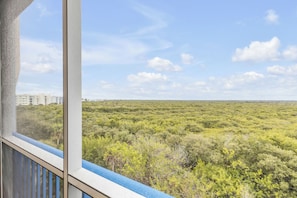 Uitzicht vanaf een balkon met een heldere lucht en een weelderig groen landschap.