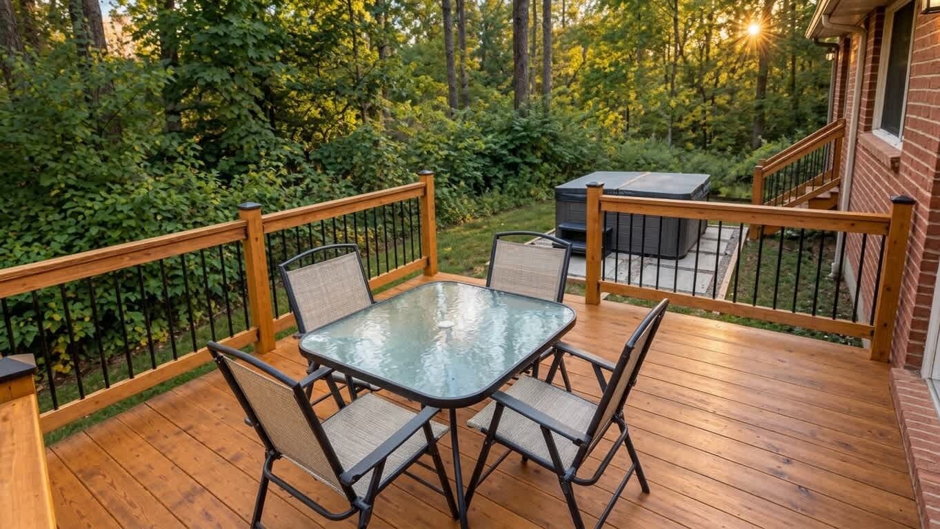 A wooden deck with a glass table and four chairs, surrounded by a metal railing.