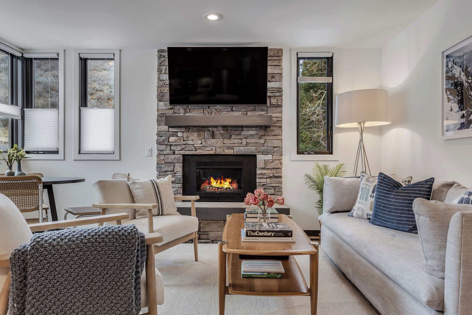 Télévision, cheminée, chaîne hi-fi, espaces bureaux