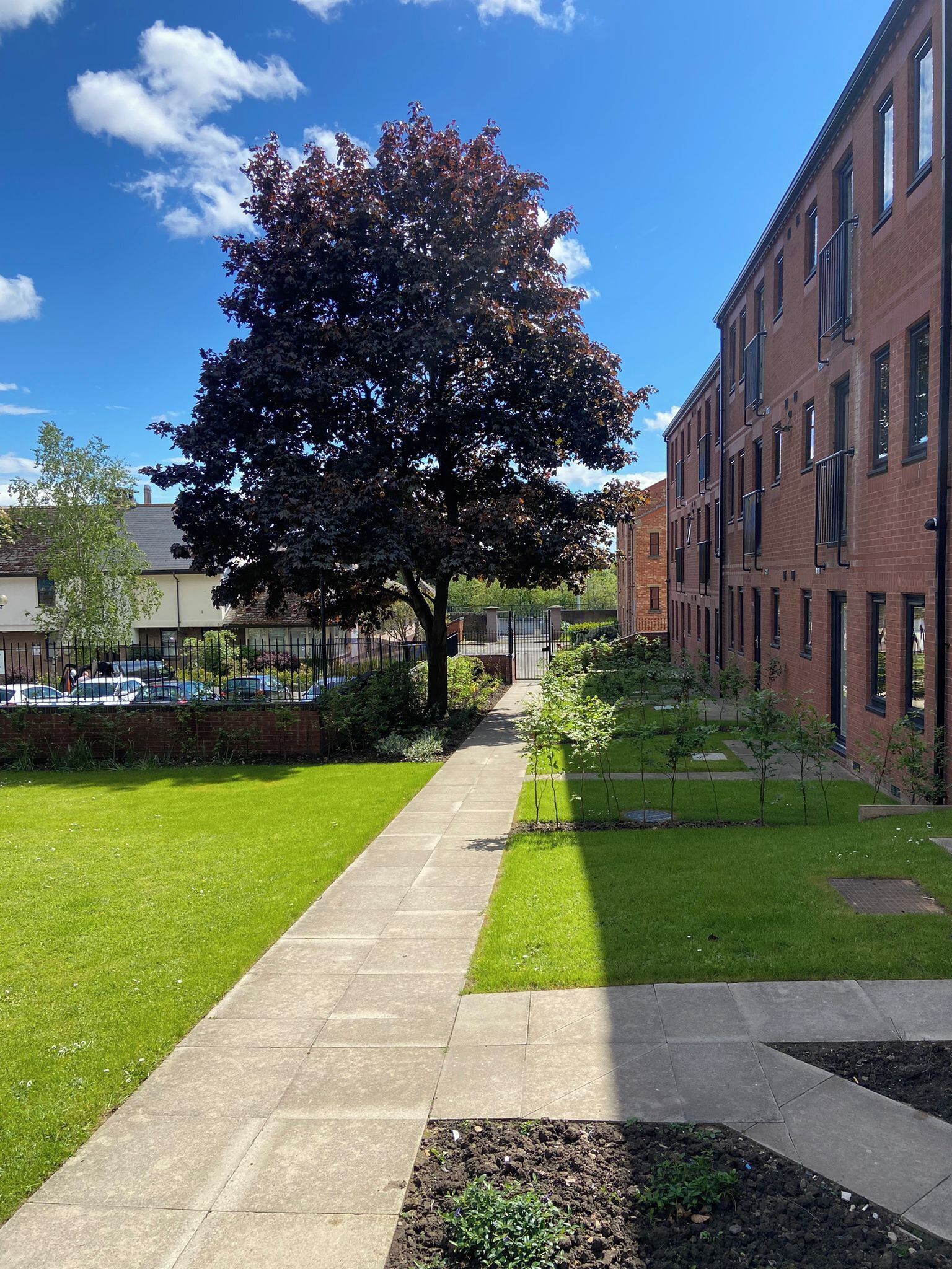 Un chemin mène à un bâtiment, avec un grand arbre au centre, entouré d’une pelouse bien entretenue et d’un bâtiment en briques sur un côté.