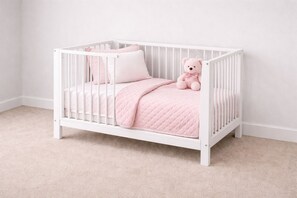 2 bedrooms, desk, iron/ironing board, travel crib