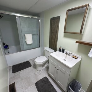 Hair dryer, towels, soap, toilet paper