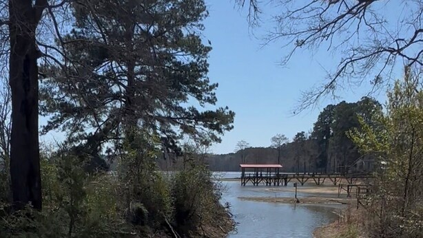Una terraza de madera que da a un río, con una zona cubierta al fondo.