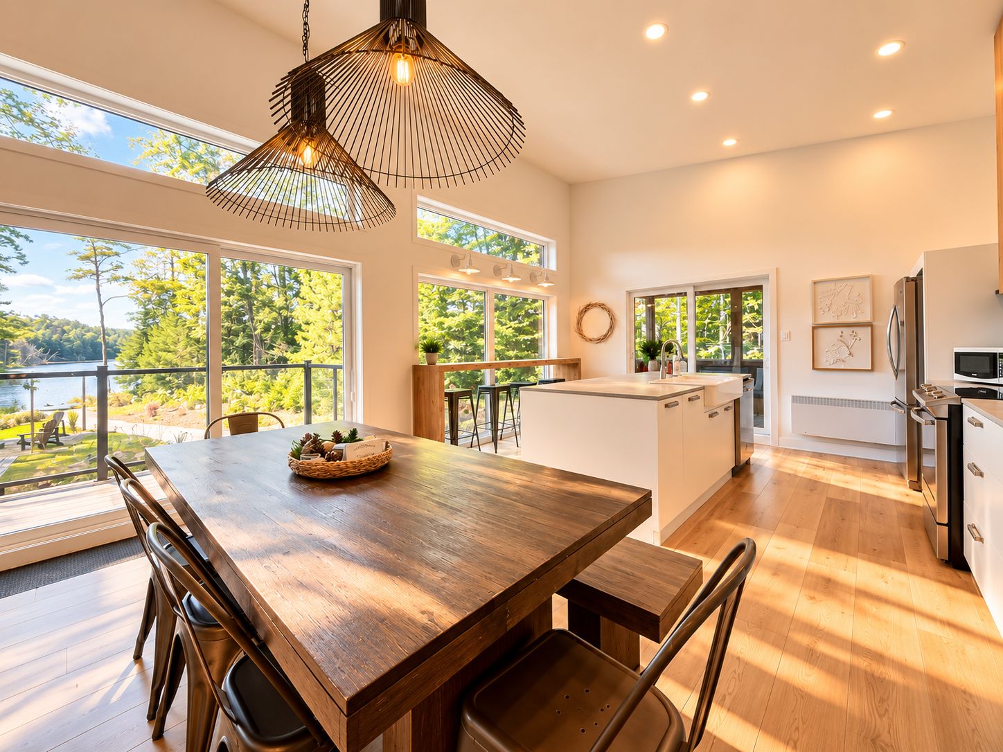 A modern kitchen with a central island, large windows, and a view of a lake.