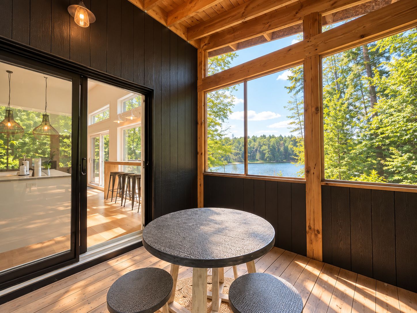 A wooden interior with a round table and two stools, large windows with a view of a lake and forest, and hanging pendant lights.