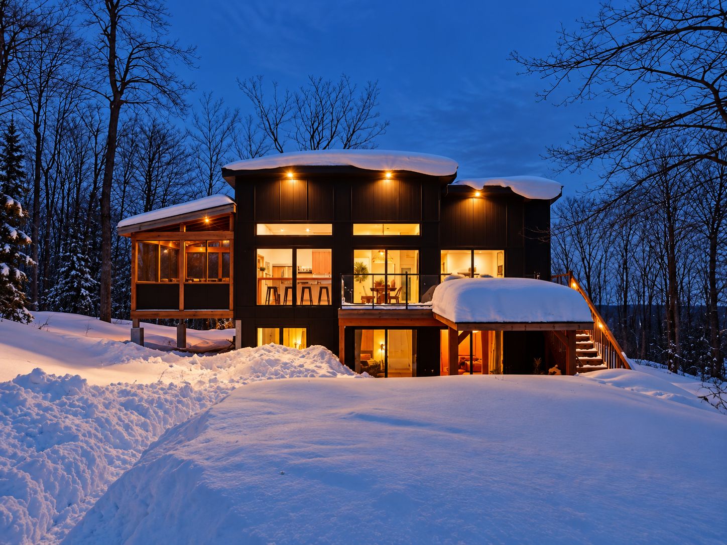 A multi-story cabin with a snow-covered roof, large windows, and a staircase leading to the upper levels.