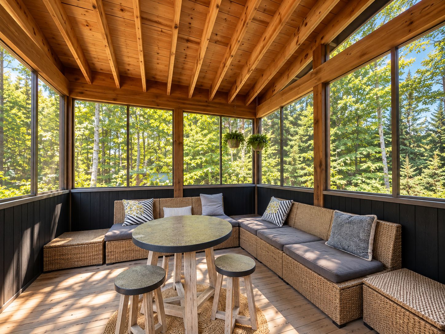 A covered outdoor seating area with a wooden ceiling, large windows, and wicker furniture.