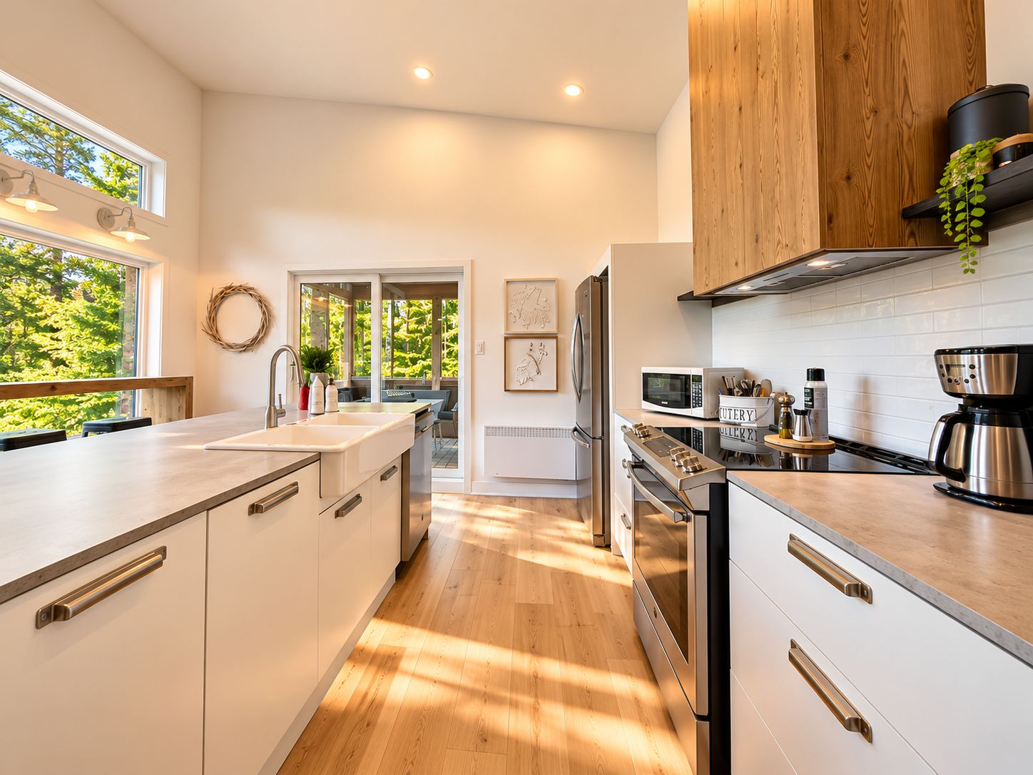 A modern kitchen with a large island, stainless steel appliances, and a view of the outdoors.