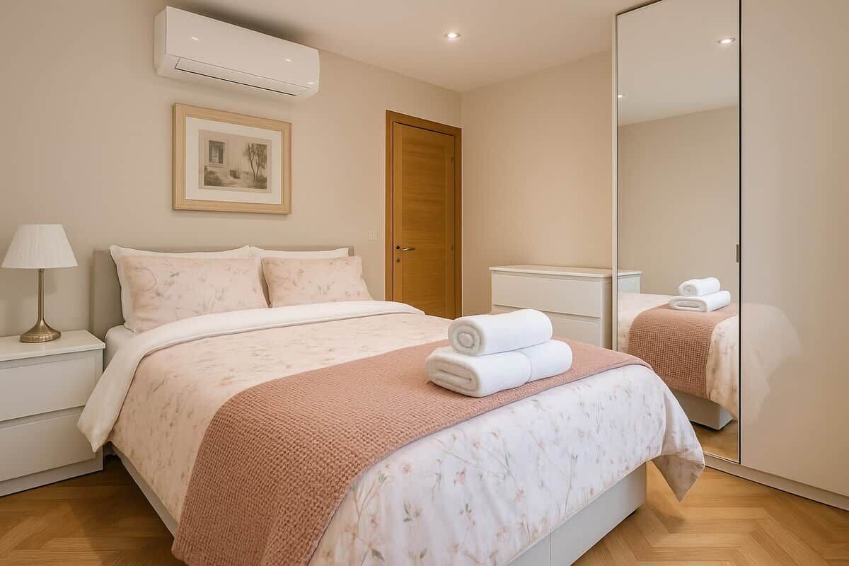 A hotel room with a bed, bedside table, lamp, air conditioning unit, framed picture, door, and a mirror.