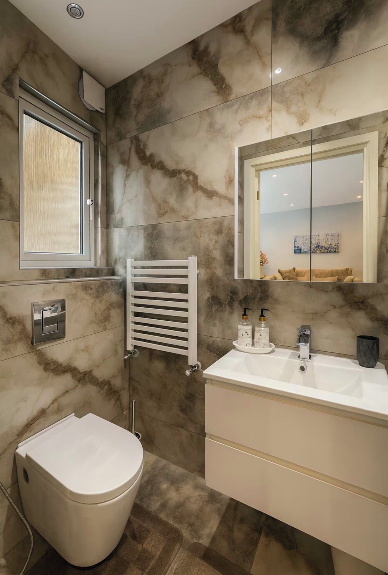 Hair dryer, bidet, towels, soap