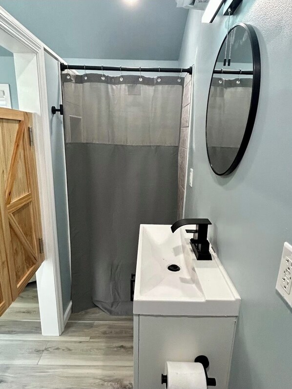 Une salle de bain avec une douche, un lavabo et un miroir.