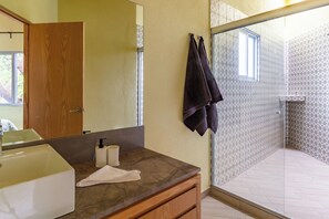 Hair dryer, towels, soap, toilet paper