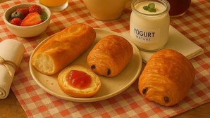 A breakfast setting with croissants, a cup of coffee, a glass of orange juice, a bowl of strawberries, a jar of jam, and a candle labeled "Yogurt Nature".
