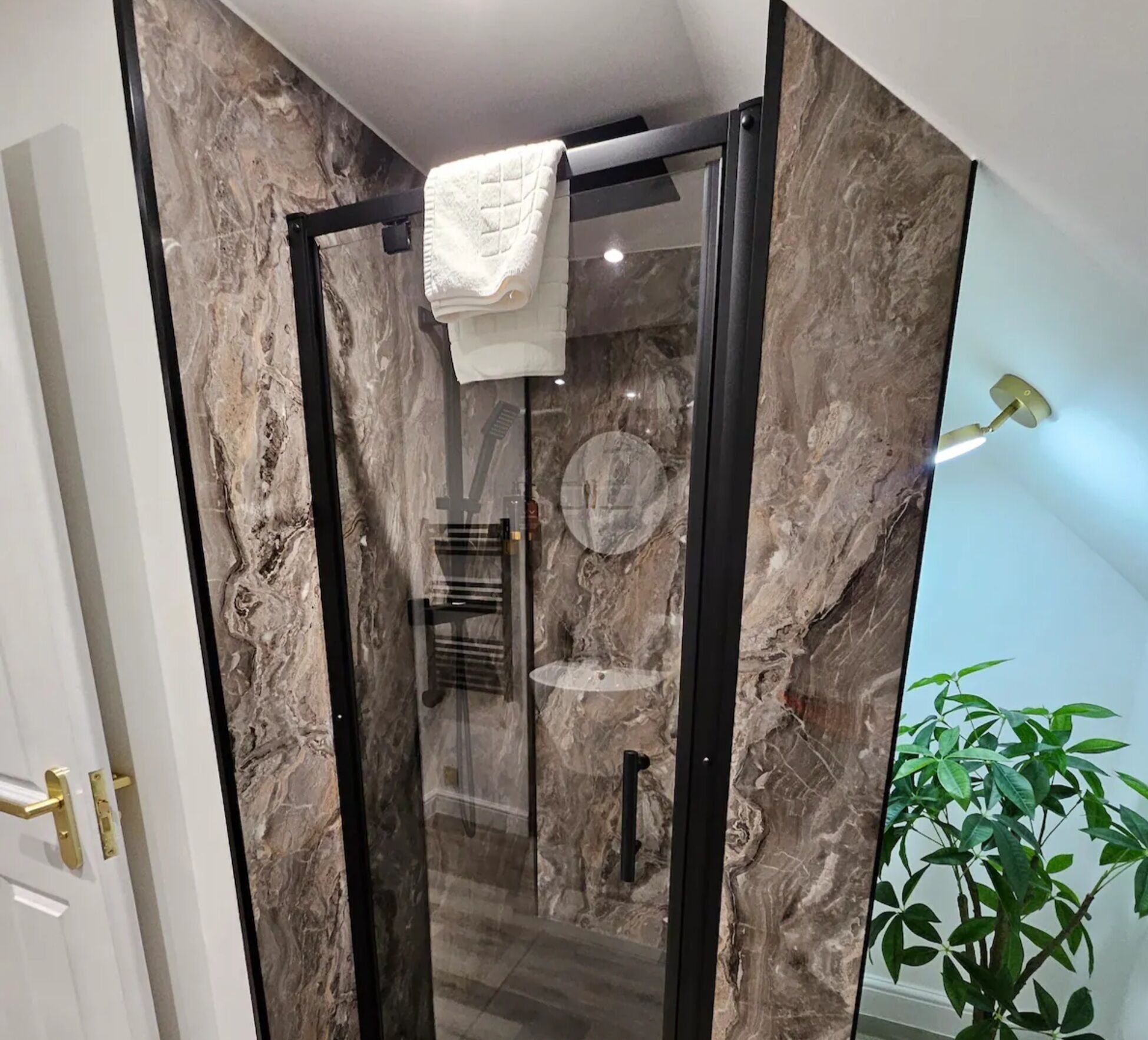 Een moderne badkamer met een douchecabine van glas, marmeren wanden en een potplant.