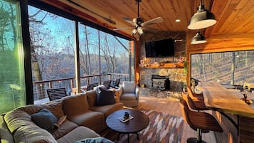 TV connectée, cheminée, livres