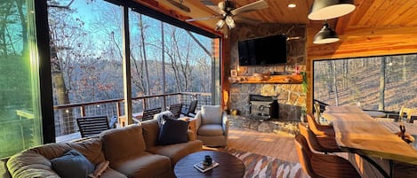 Smart TV, lareira, livros