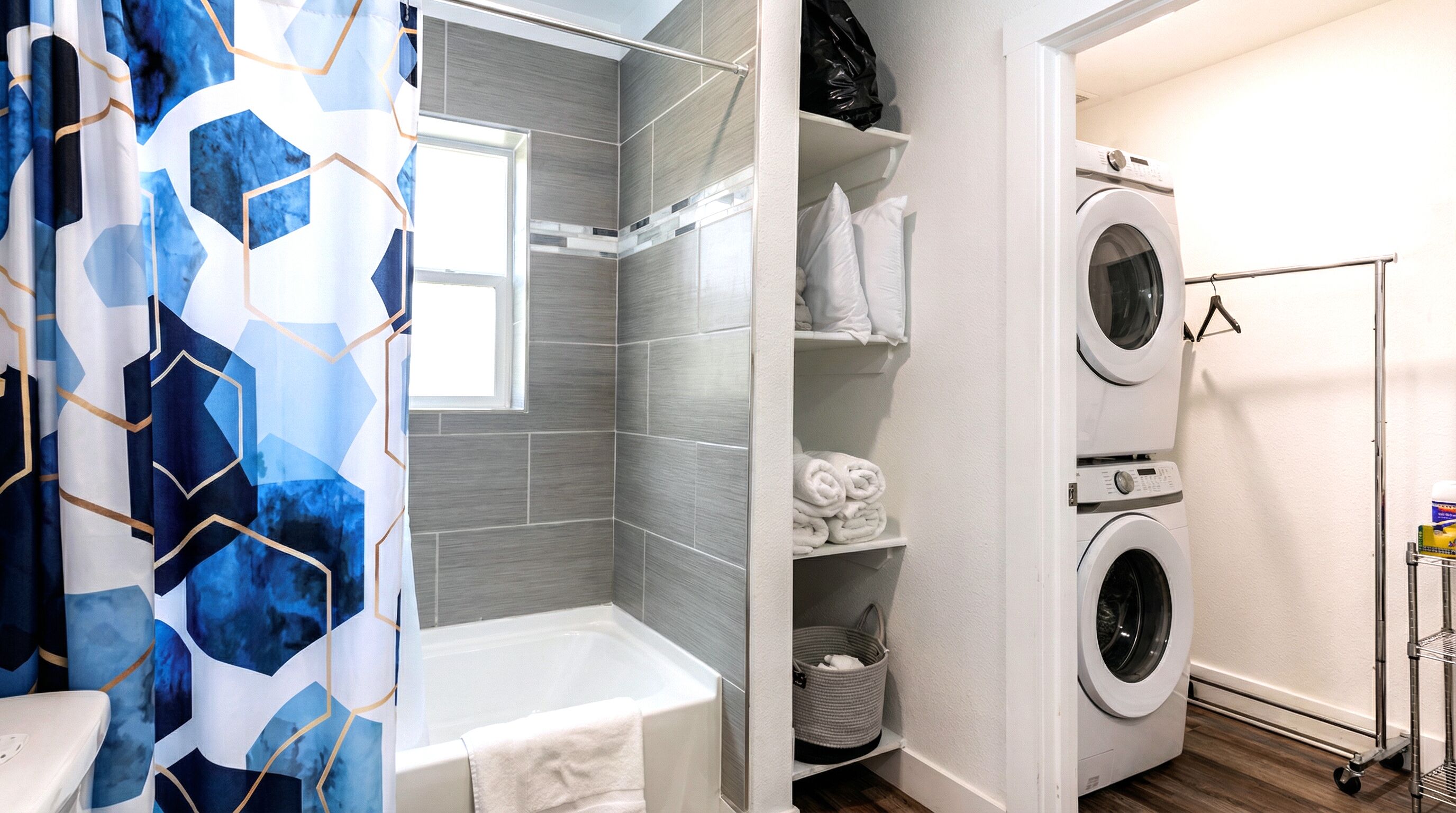 Hair dryer, towels, soap, toilet paper